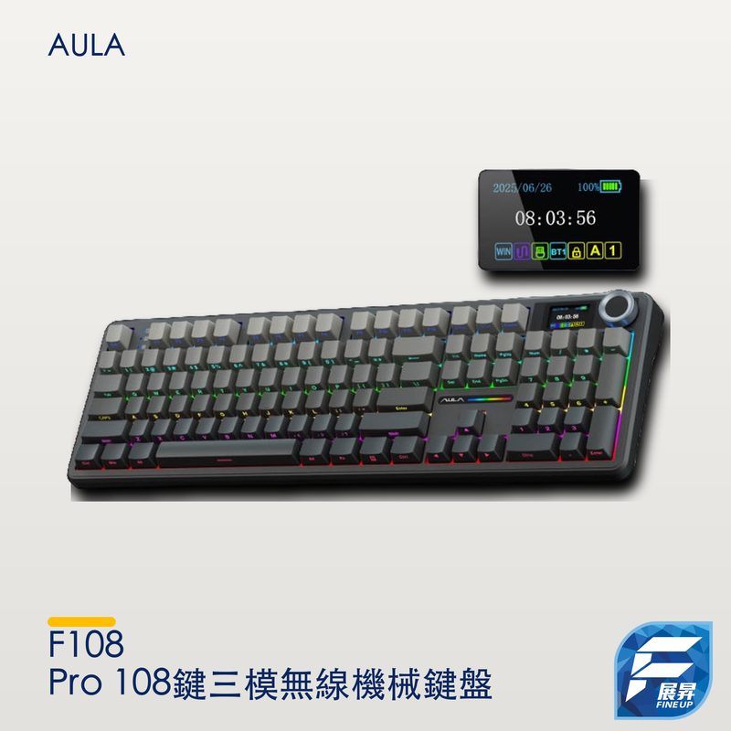 AULA F108 Pro 108鍵三模無線機械鍵盤|展昇原裝 Logo|退地修正版 2000px